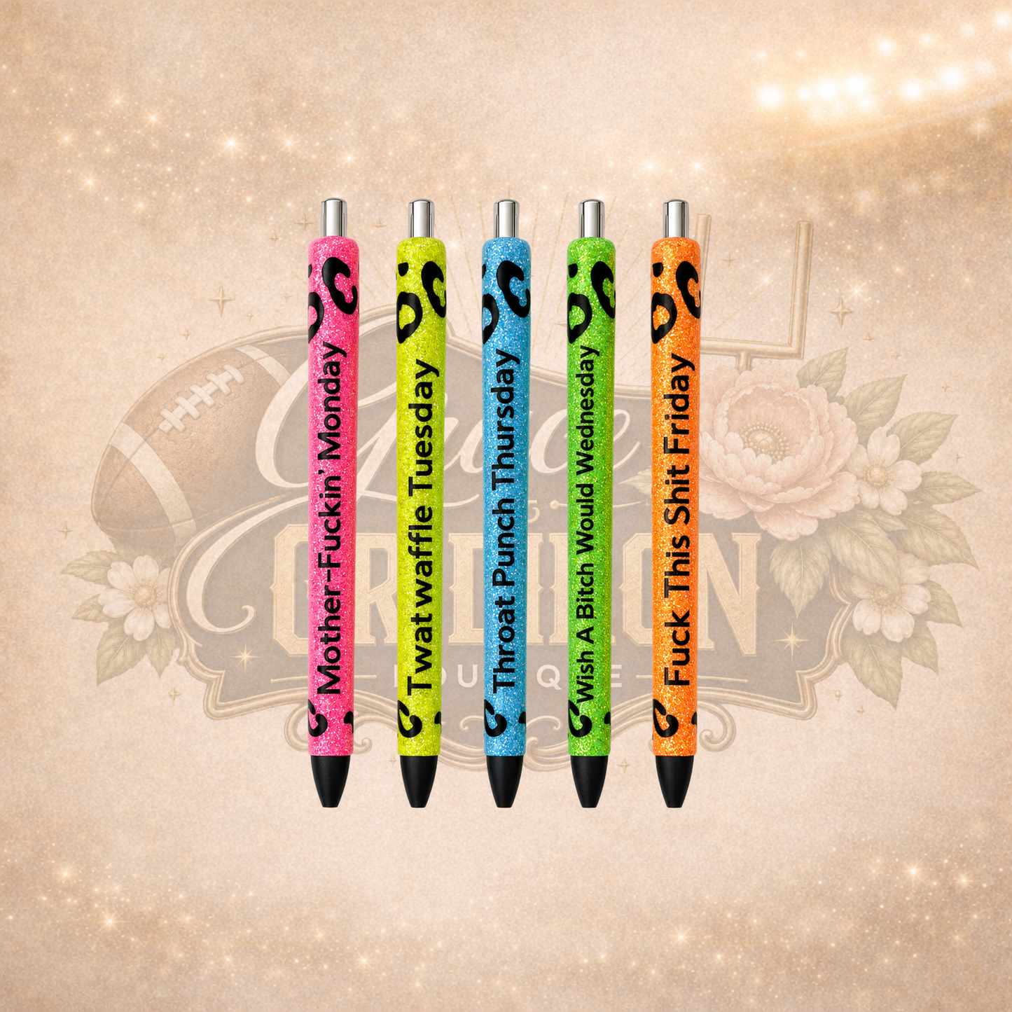 Weekday Mood Glitter Pens | Funny Adult Humor Leopard Print Pens