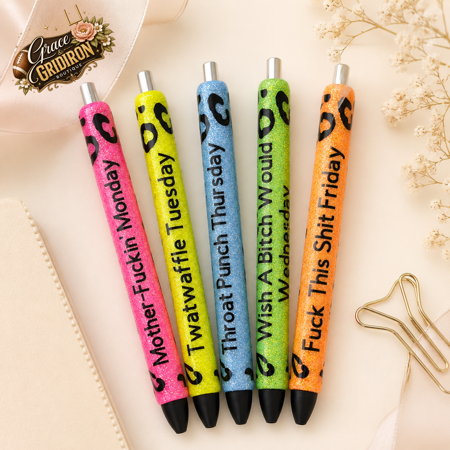 Weekday Mood Glitter Pens | Funny Adult Humor Leopard Print Pens