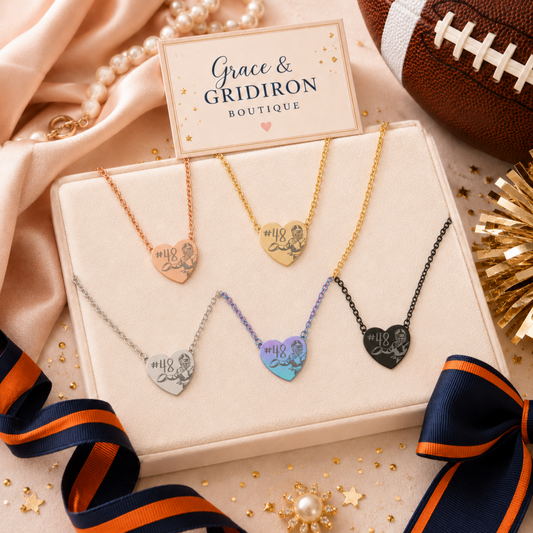 Personalized Football Mom Heart Necklace | Custom Jersey Number Football Player Necklace | Game Day Jewelry Gift | Football Mama Keepsake