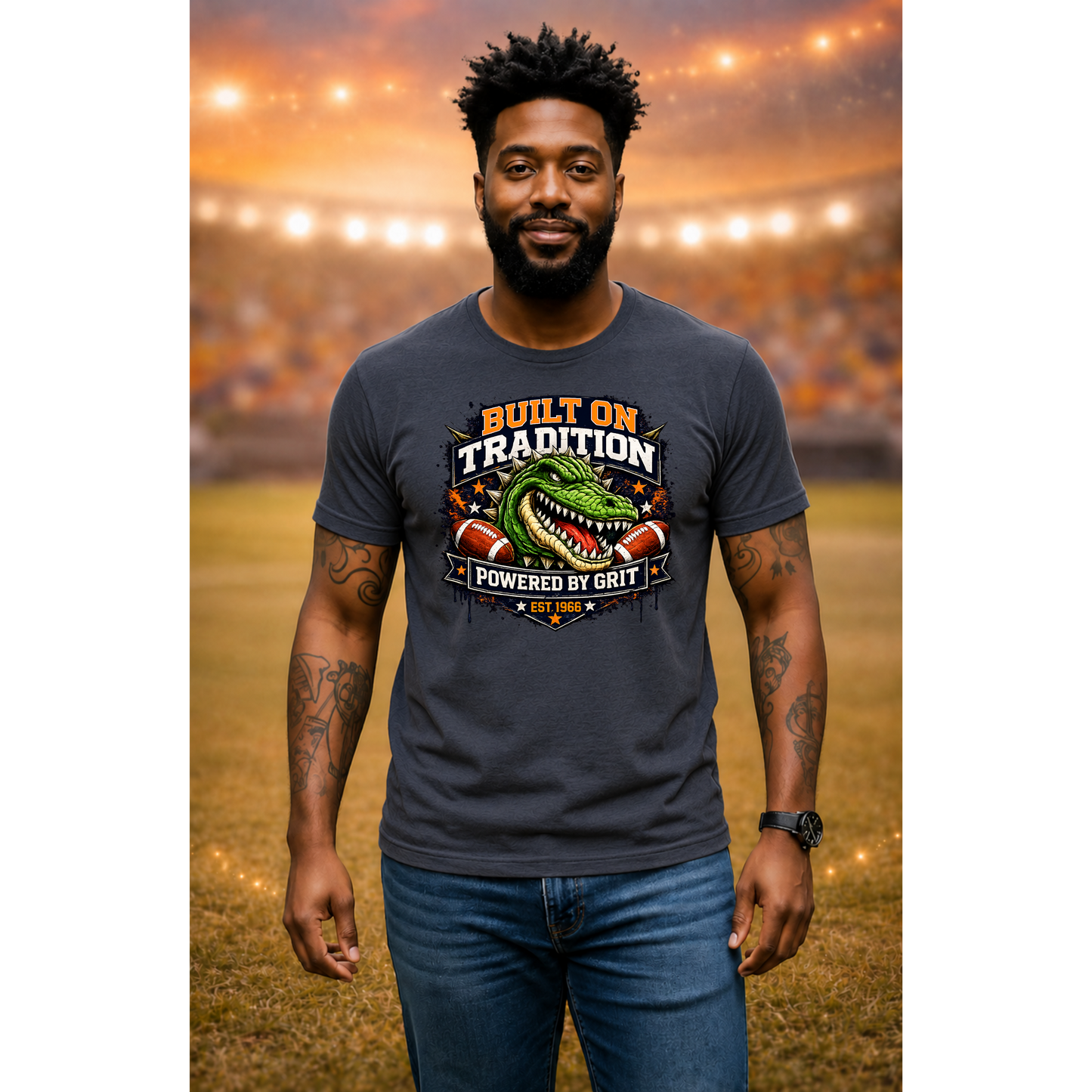 Built on Tradition Powered by Grit Football Tee | Vintage Gator Mascot Game Day Shirt | Football Mom Apparel