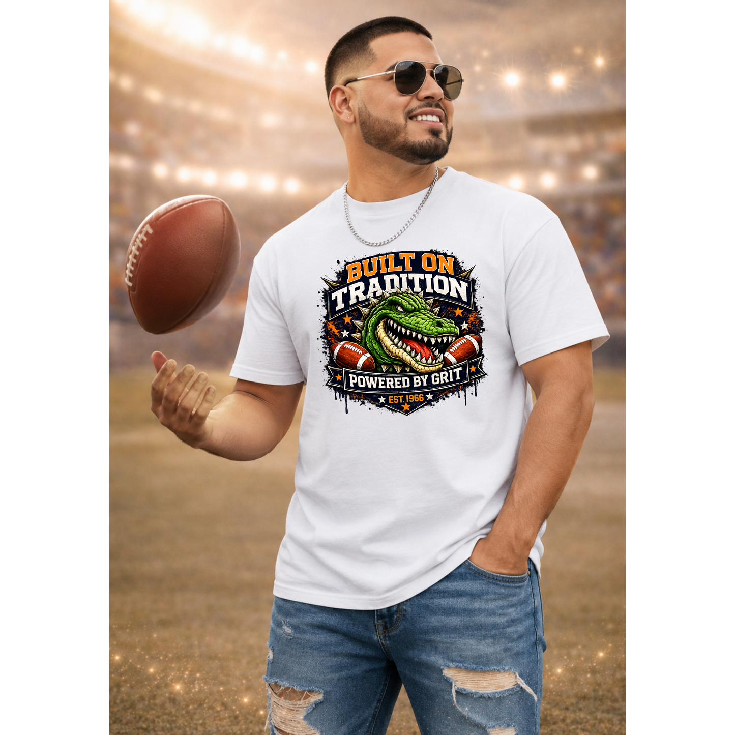 Built on Tradition Powered by Grit Football Tee | Vintage Gator Mascot Game Day Shirt | Football Mom Apparel