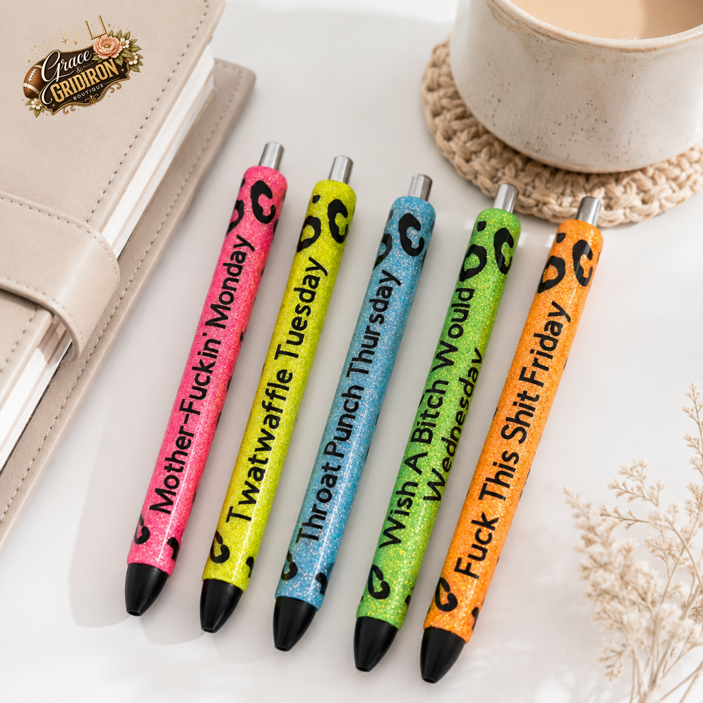 Weekday Mood Glitter Pens | Funny Adult Humor Leopard Print Pens