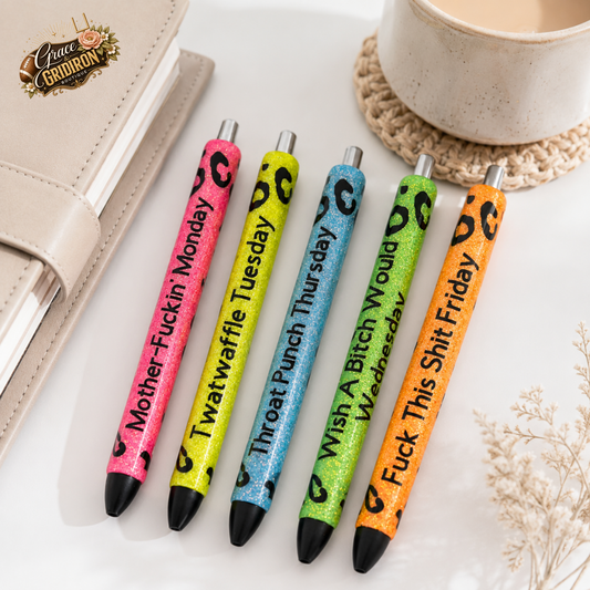Weekday Mood Glitter Pens | Funny Adult Humor Leopard Print Pens