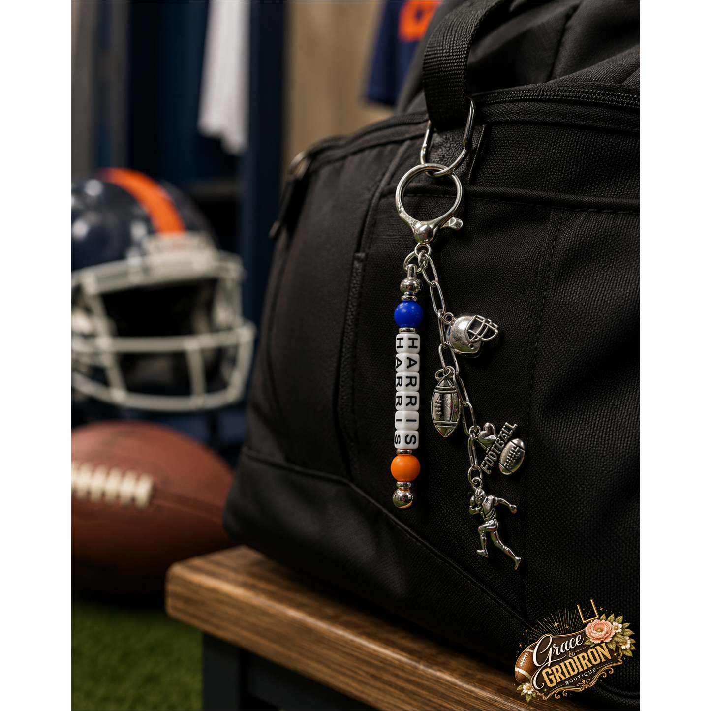 Personalized Football/Cheer Name Keychain | Custom Player Beaded Bag Charm