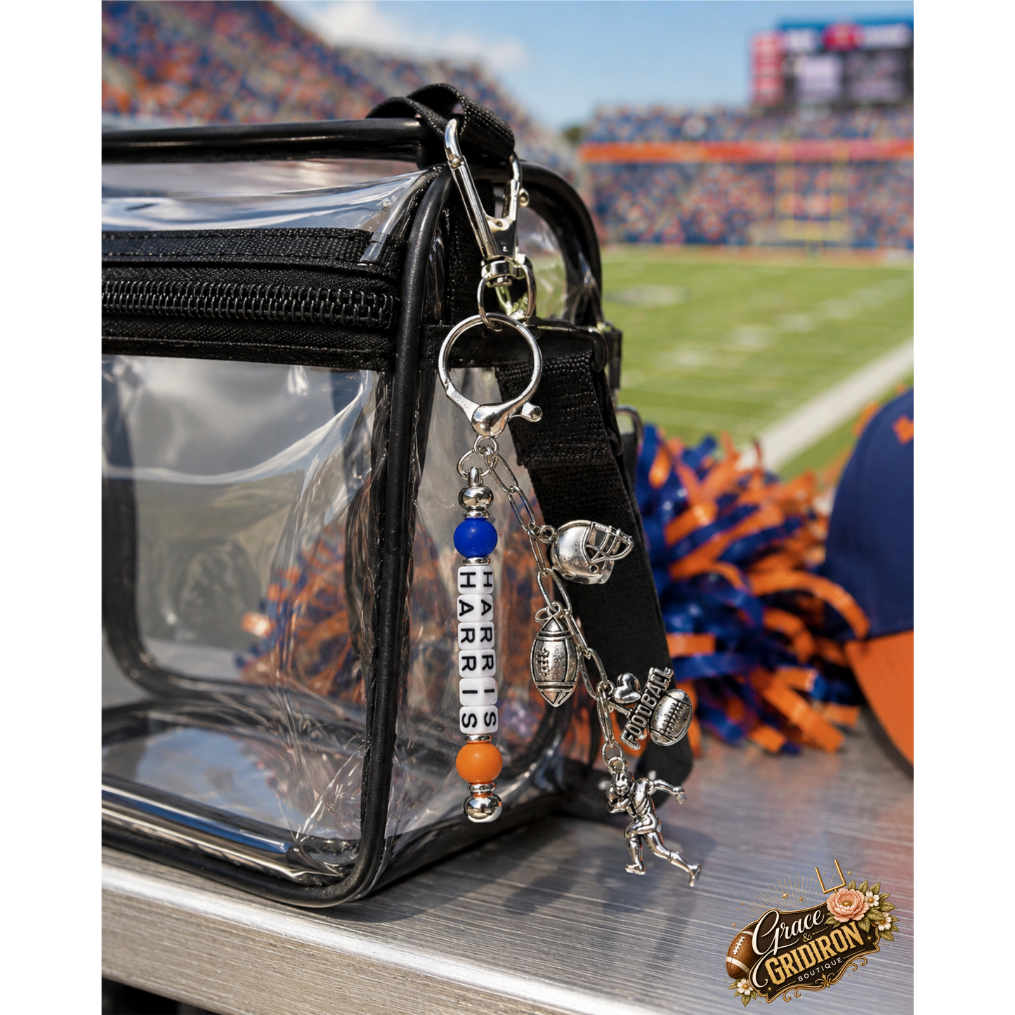 Personalized Football/Cheer Name Keychain | Custom Player Beaded Bag Charm