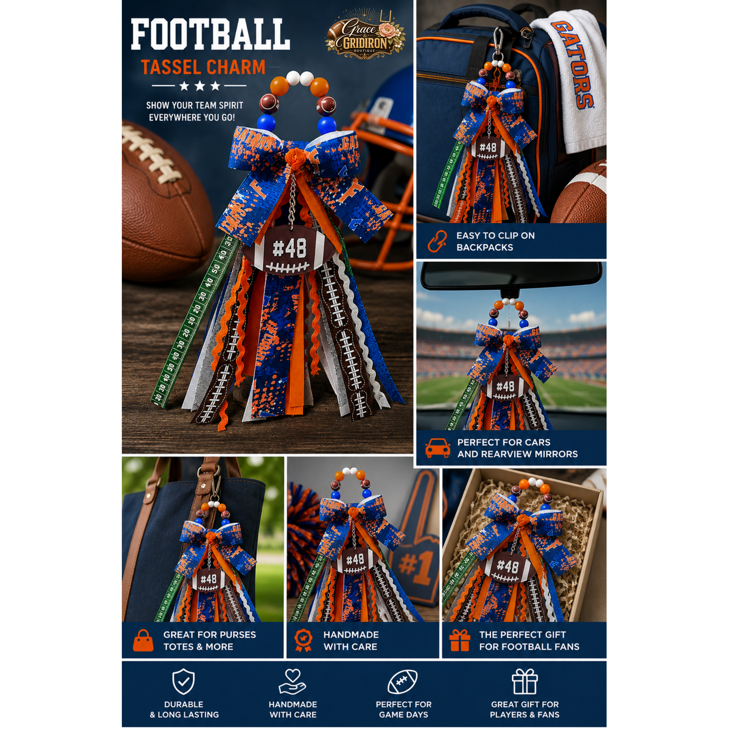 Personalized Football Tassel Charm | Custom Team Colors, Name & Player Number