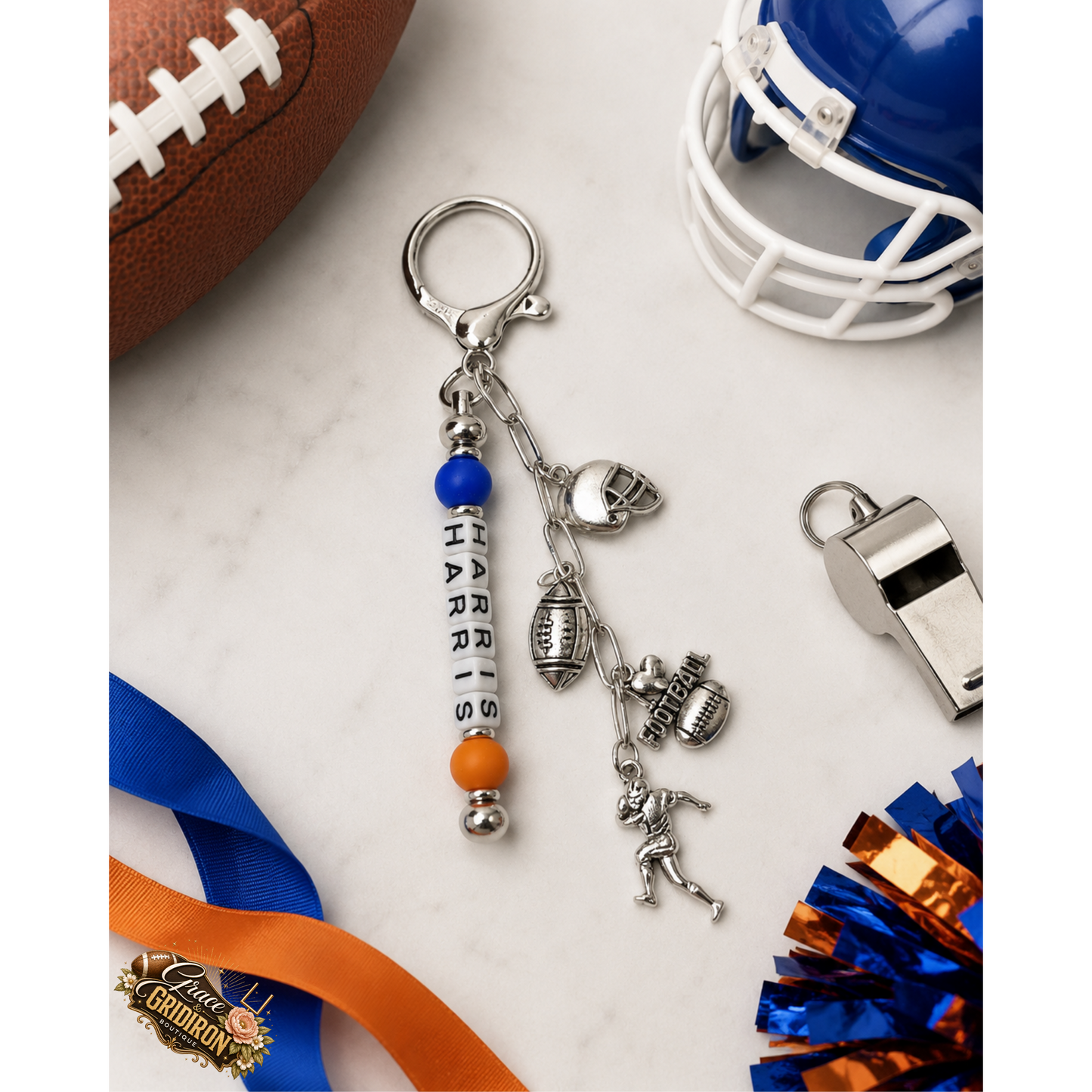 Personalized Football/Cheer Name Keychain | Custom Player Beaded Bag Charm