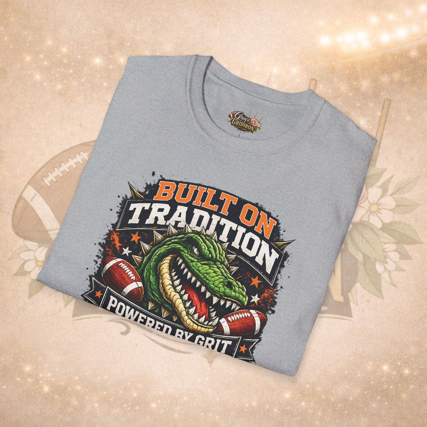 Built on Tradition Powered by Grit Football Tee | Vintage Gator Mascot Game Day Shirt | Football Mom Apparel